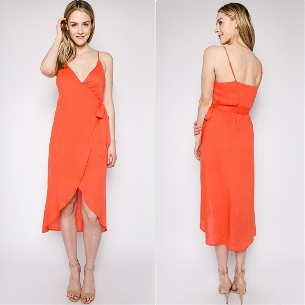 spring summer Boho Coral v-neckline wrao dress vacation cruise - Picture 3 of 4